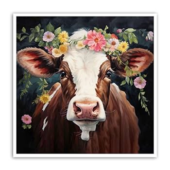 Amazon.co.jp: XLMDYYSW ハイランドカウウォールアート 花と牛